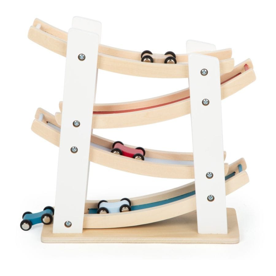 Legler Kugelbahn Small Foot Holz-Rennbahn mit 4 Autos – Spielzeug ab 18 Monate