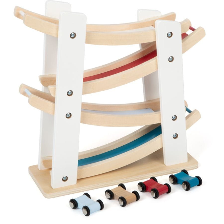 Legler Kugelbahn Small Foot Holz-Rennbahn mit 4 Autos – Spielzeug ab 18 Monate