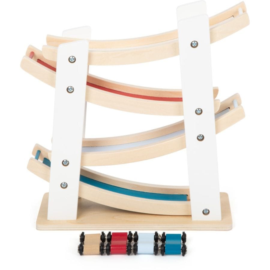 Legler Kugelbahn Small Foot Holz-Rennbahn mit 4 Autos – Spielzeug ab 18 Monate