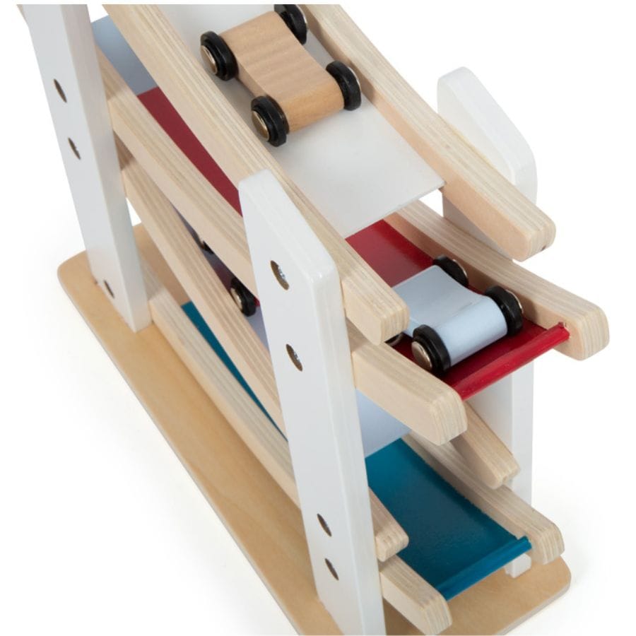 Legler Kugelbahn Small Foot Holz-Rennbahn mit 4 Autos – Spielzeug ab 18 Monate