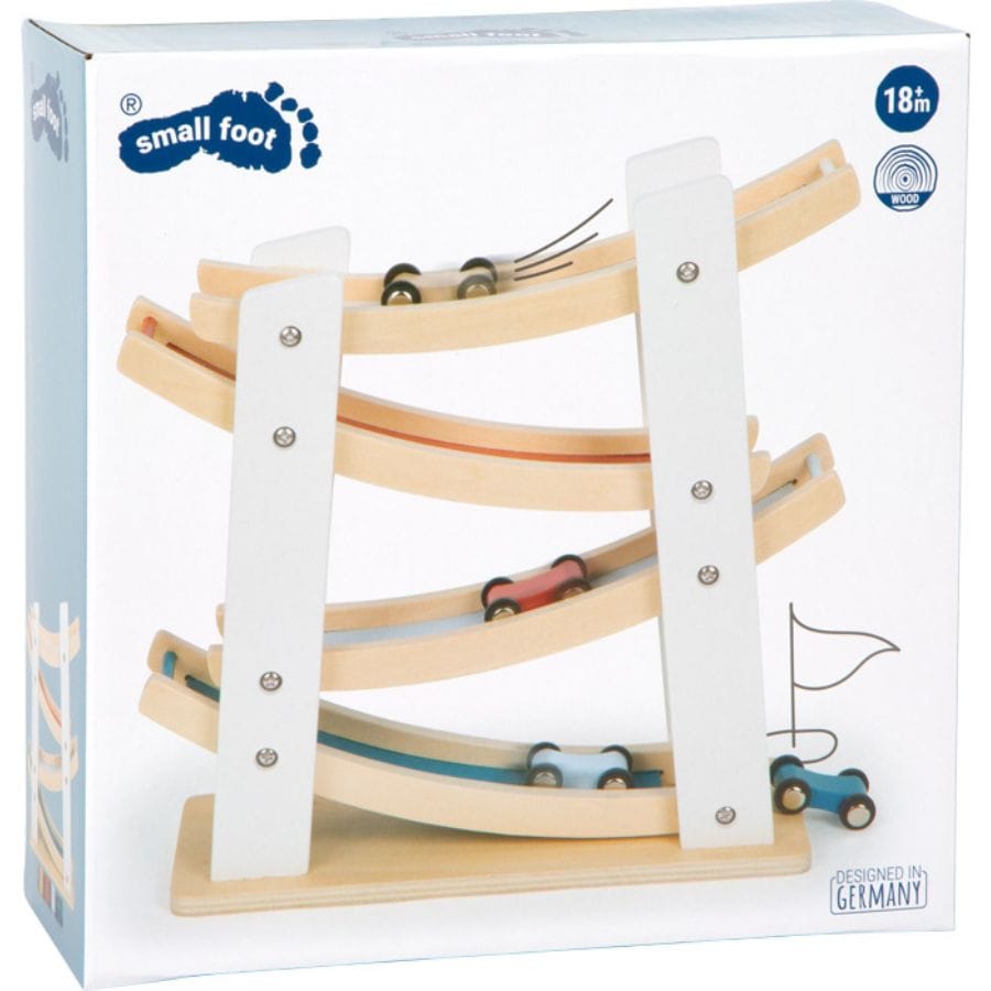 Legler Kugelbahn Small Foot Holz-Rennbahn mit 4 Autos – Spielzeug ab 18 Monate