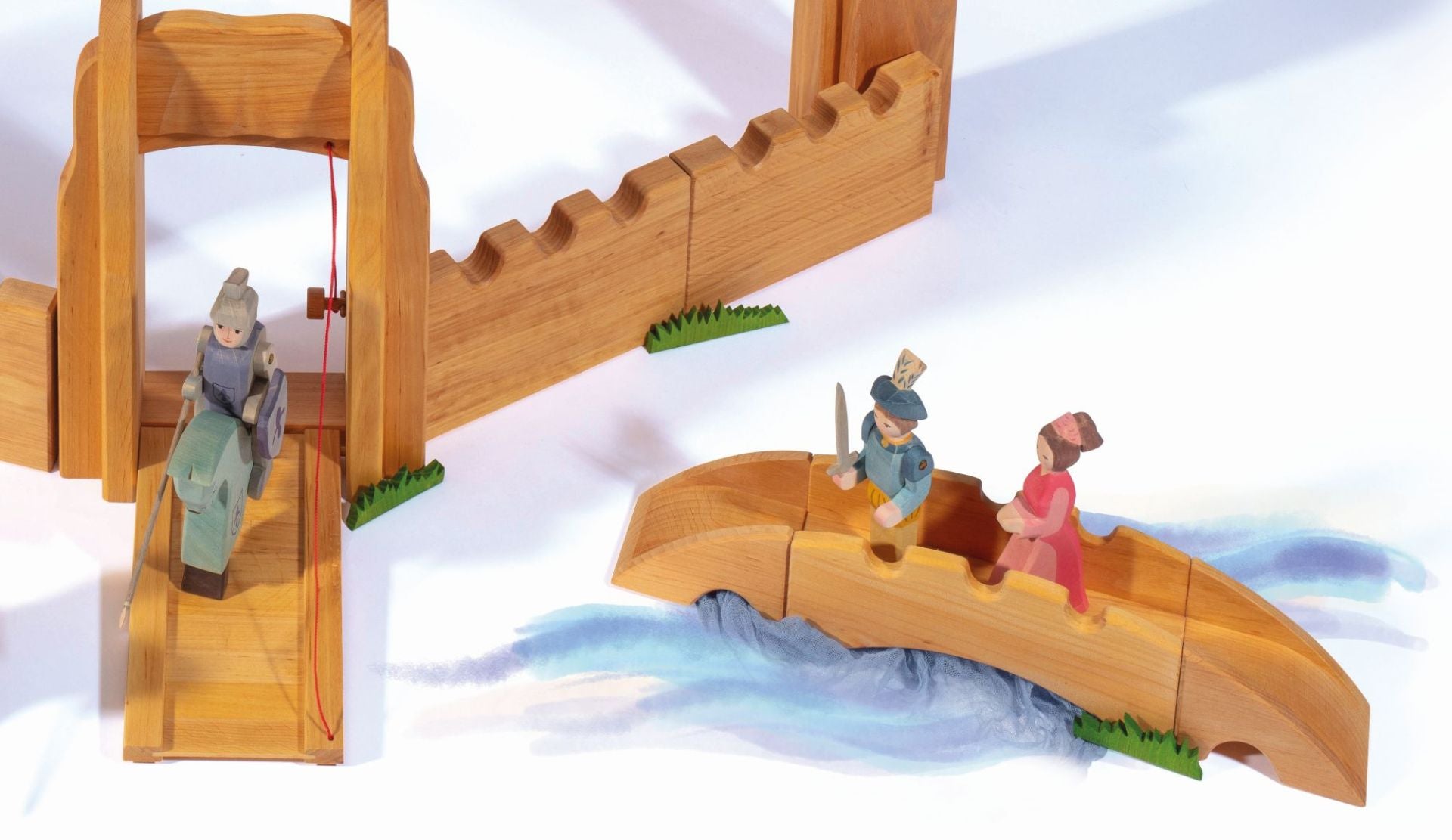 Spielszene mit Ostheimer Holzfiguren - Burg mit Ritter, Kronprinz und Hofdame