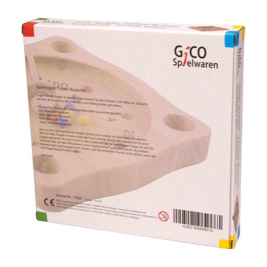 Gico Geschicklichkeitsspiele Gico Tiroler Roulette aus Holz – Bauernroulette mit Kreisel & Holzkugeln, ab 5 Jahre