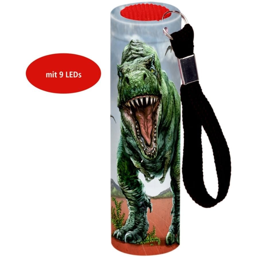 Spiegelburg Spielzeug für draußen Grün Kleine Taschenlampe T-Rex World – Metall, 2 Designs, 9 cm, mit Handschlaufe
