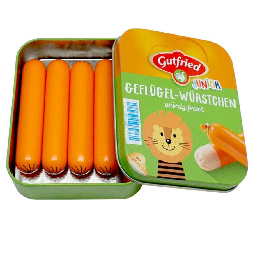 Tanner Kaufladenzubehör Tanner Gutfried Holz-Würstchen in Metalldose – Kaufladen & Spielküche, ab 2 Jahre