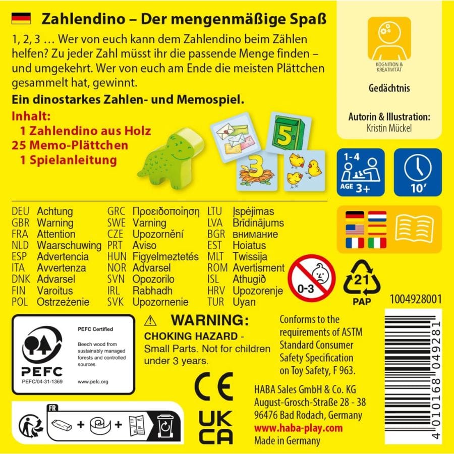 HABA Lernspielzeug Haba Zahlendino – Zahlen- und Memospiel aus Holz ab 3 Jahren, Lernspiel für 1–4 Spieler