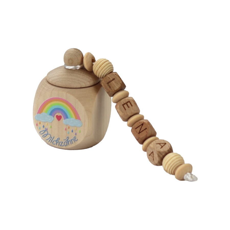 Spielkiste Aufbewahrungsbehälter Regenbogen Zahndose personalisiert, Holz - für die ersten Milchzähne