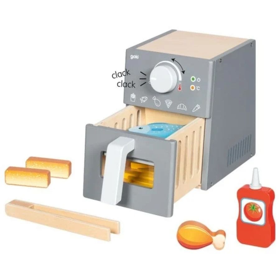 Goki Kinderküche goki Airfryer aus Holz mit Zubehör – Spielzeug-Heißluftfritteuse, ab 3 Jahre