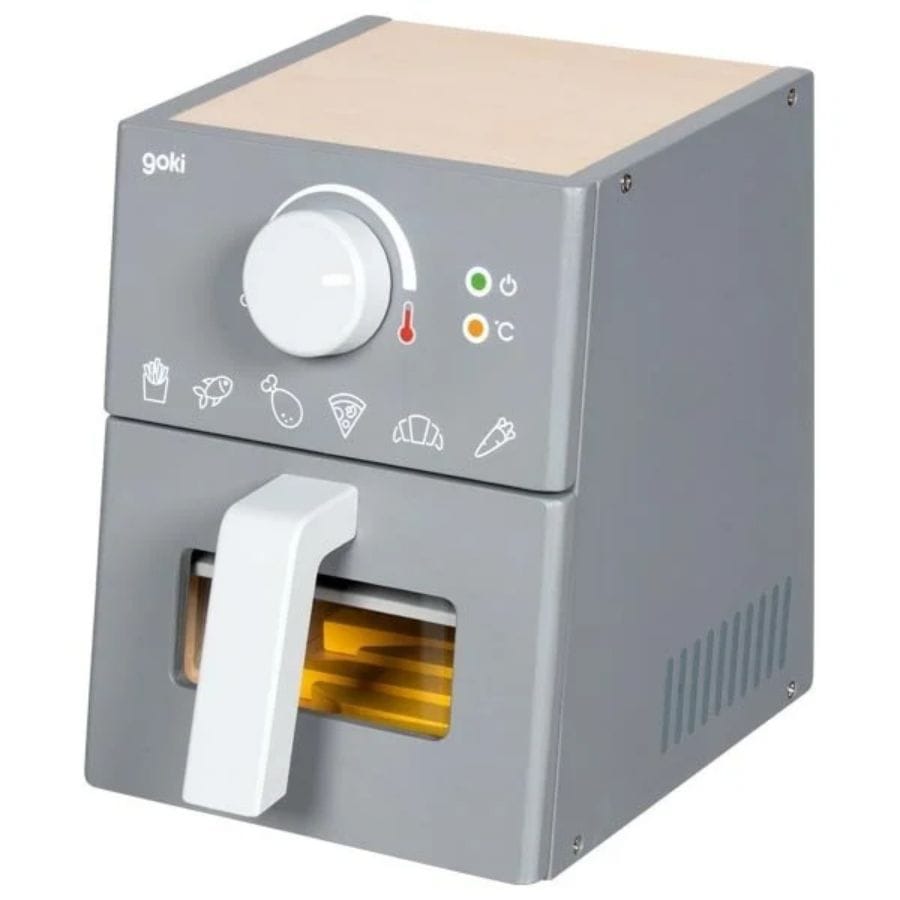 Goki Kinderküche goki Airfryer aus Holz mit Zubehör – Spielzeug-Heißluftfritteuse, ab 3 Jahre