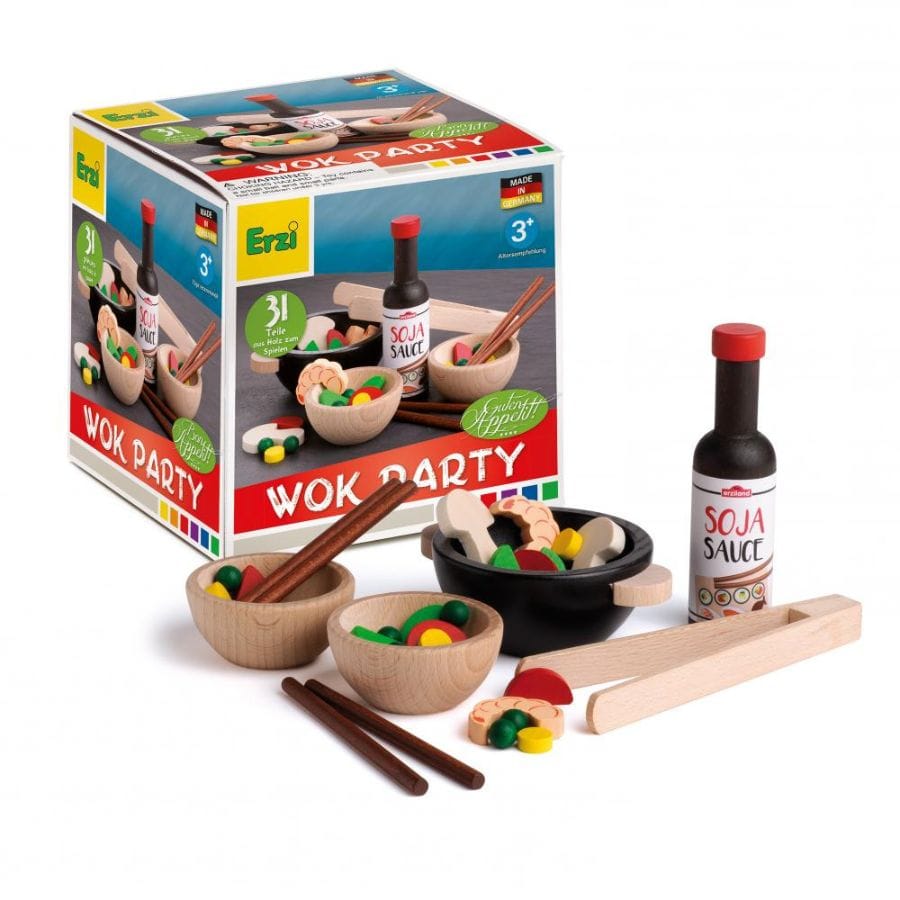 Erzi Spielzeuglebensmittel Erzi Wok-Party-Sortierung – Holz-Kochset ab 3 Jahre, Kaufladen & Spielküche