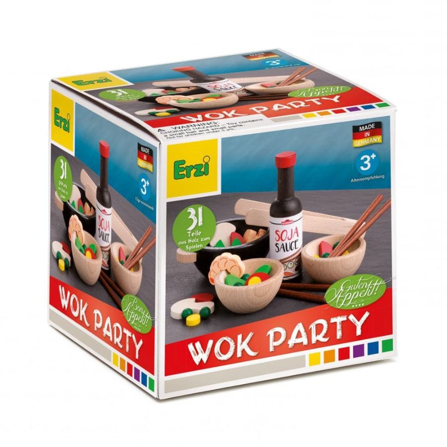 Erzi Spielzeuglebensmittel Erzi Wok-Party-Sortierung – Holz-Kochset ab 3 Jahre, Kaufladen & Spielküche