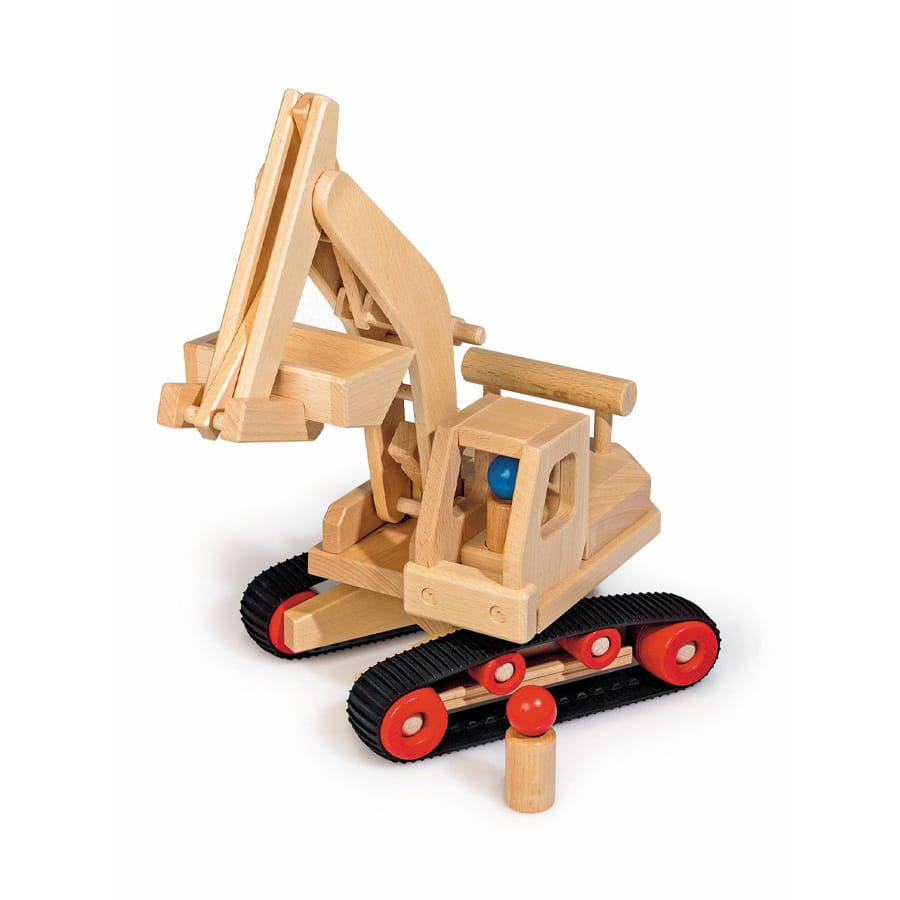 Fagus Holzfahrzeug Fagus Bagger – Holzbagger mit Drehaufbau & 2 Figuren, ab 3 Jahren