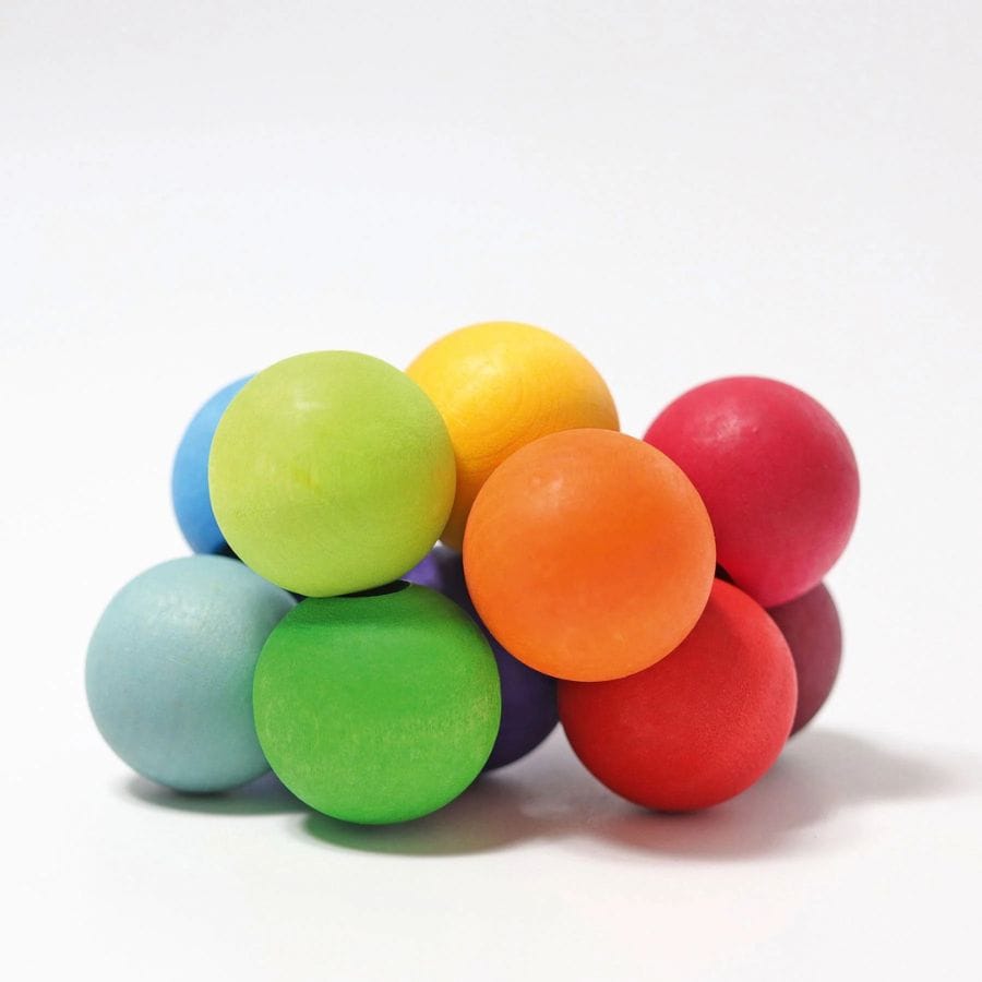 GRIMM'S Greifling Grimm's Regenbogen-Kugelgreifling – Greifspielzeug aus Holz für Babys, 12 bunte Holzkugeln