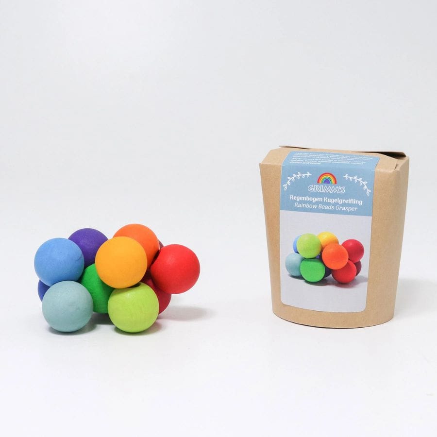 GRIMM'S Greifling Grimm's Regenbogen-Kugelgreifling – Greifspielzeug aus Holz für Babys, 12 bunte Holzkugeln