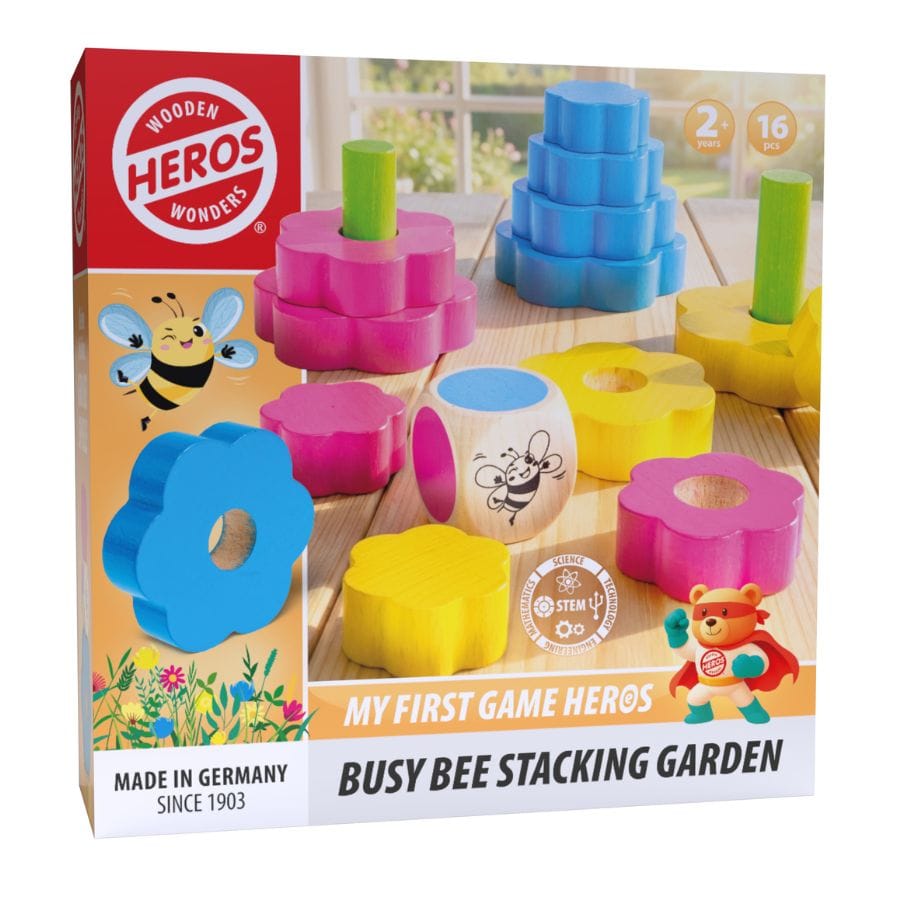 HEROS Geschicklichkeitsspiele Heros Busy Bee Stacking Garden – Farbiges Stapelspiel aus Holz für Kinder ab 2 Jahren