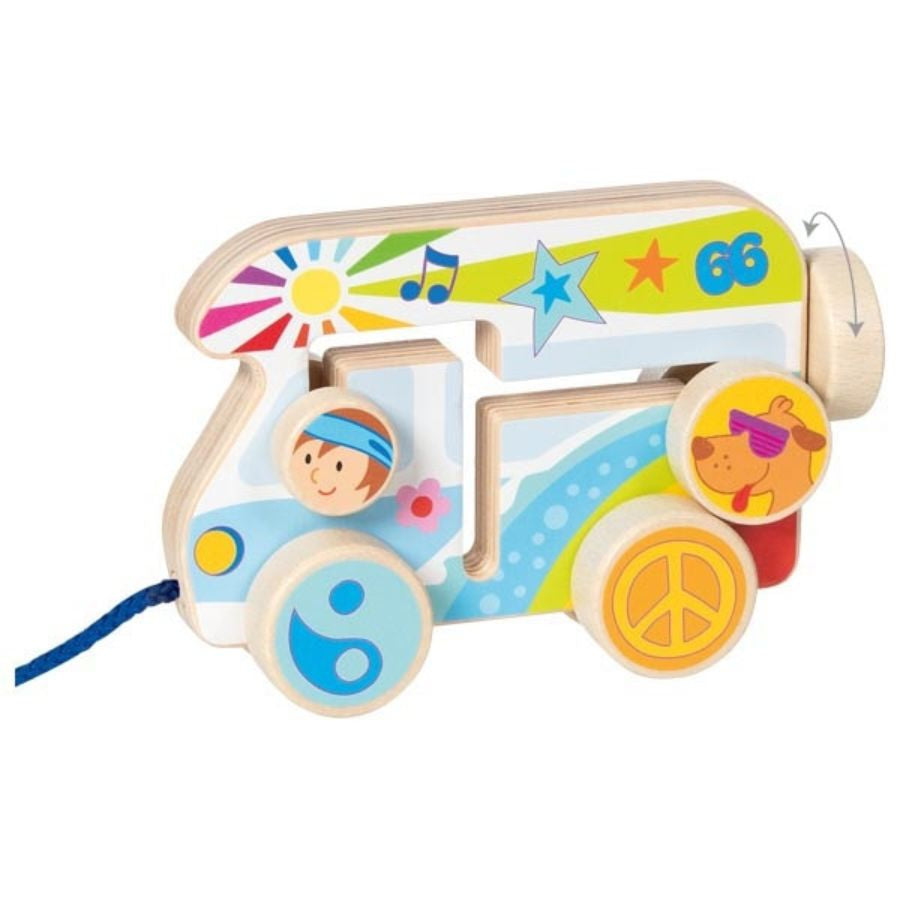 goki Ziehfahrzeug „Camper Van“ aus Holz – farbenfrohes Holzspielzeug ab 1 Jahr