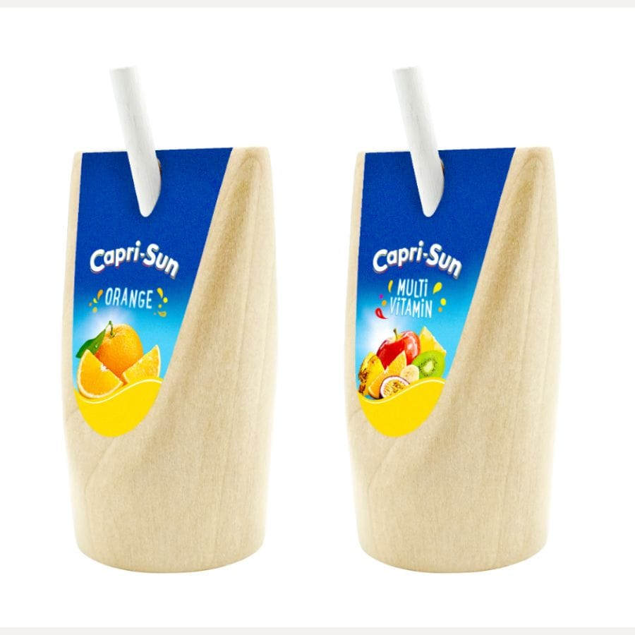 Tanner Kaufladenzubehör Capri-Sun aus Holz 2er-Set – Multivitamin & Orange – Kaufladen Zubehör ab 3 Jahren