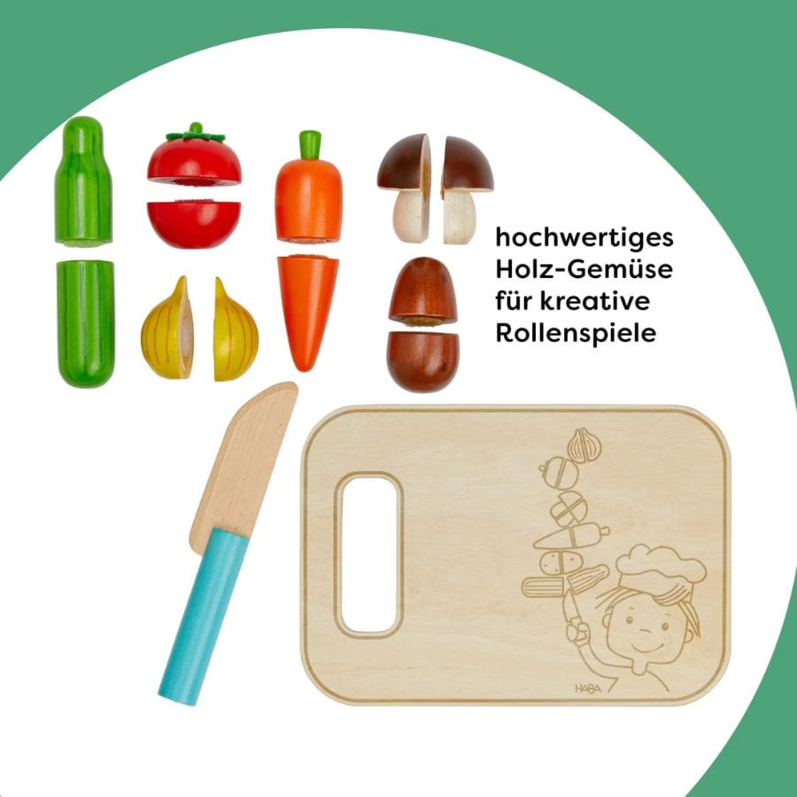 Haba Spielzeuglebensmittel Haba Holz Gemüse-Set mit Schneidebrett & Messer – Creative Play Spielküche, ab 3 Jahre