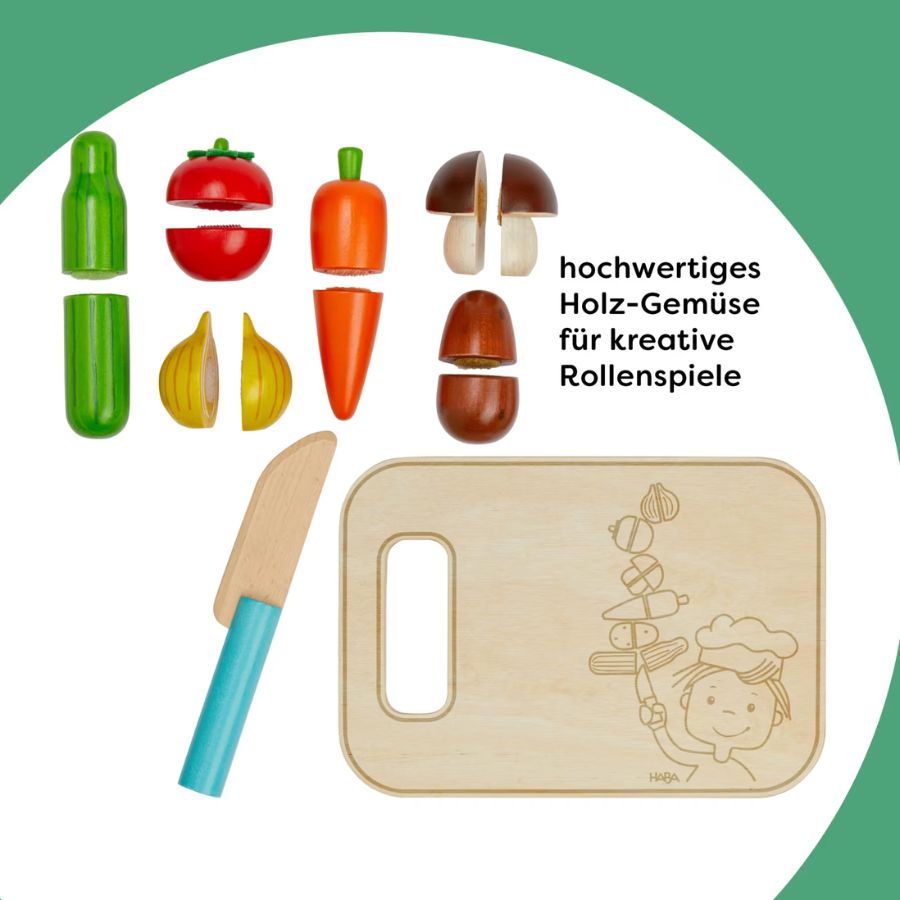 Haba Holz Gemüse-Set mit Schneidebrett & Messer – Creative Play Spielküche, ab 3 Jahre