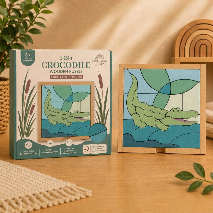 Stellavan And Papa Puzzle Stellavan & Papa Puzzle Donny, das Krokodil - 3-in-1 Holzpuzzle ab 18 Monaten