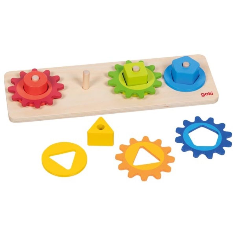 goki Sortierspiel mit Zahnrädern aus Holz, Motorikspiel ab 2 Jahren, 12 Teile