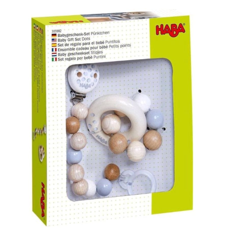 Haba Schnullerclips & -ketten HABA Babygeschenk-Set Pünktchen – Schnullerkette & Holz-Greifling für Babys