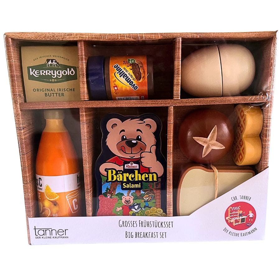 Tanner Kaufladenzubehör Großes Frühstücksset, 13-teiliges Set aus Holz für Kinderküche und Kaufladen ab 2 Jahren