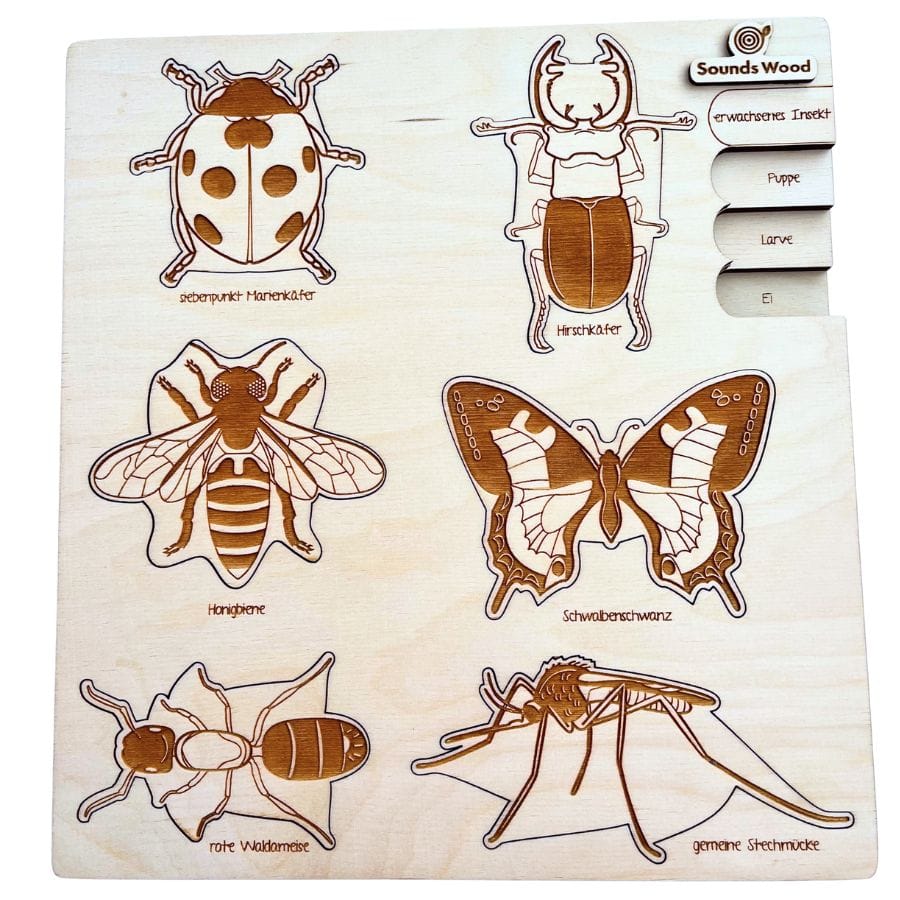 Stuka Puka Puzzle Sounds Wood Holzpuzzle „Bug’s Life“ – Insekten-Lebenszyklen, ab 5 Jahren