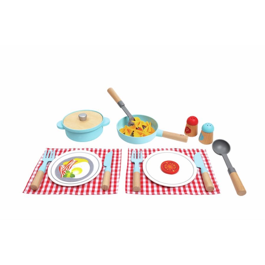 Hape Spielzeuglebensmittel Koch- & Servierset aus Holz – 21-teiliges Spielküchen-Set, ab 3 Jahre