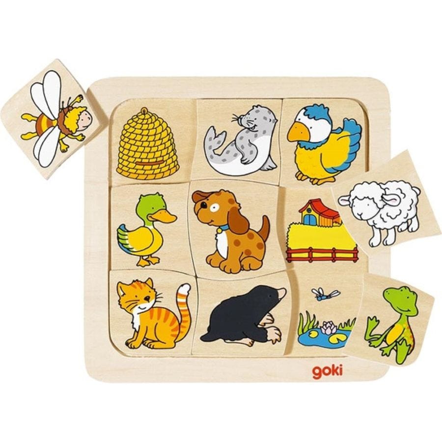 Goki Legespiele Legespiel „Wer lebt wo?“ von Goki – 9-teiliges Holzpuzzle