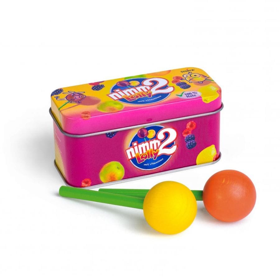 Erzi Spielzeuglebensmittel Erzi nimm2 Lollies – Holz-Lollis in Metalldose für Kaufladen & Spielküche, ab 3 Jahre