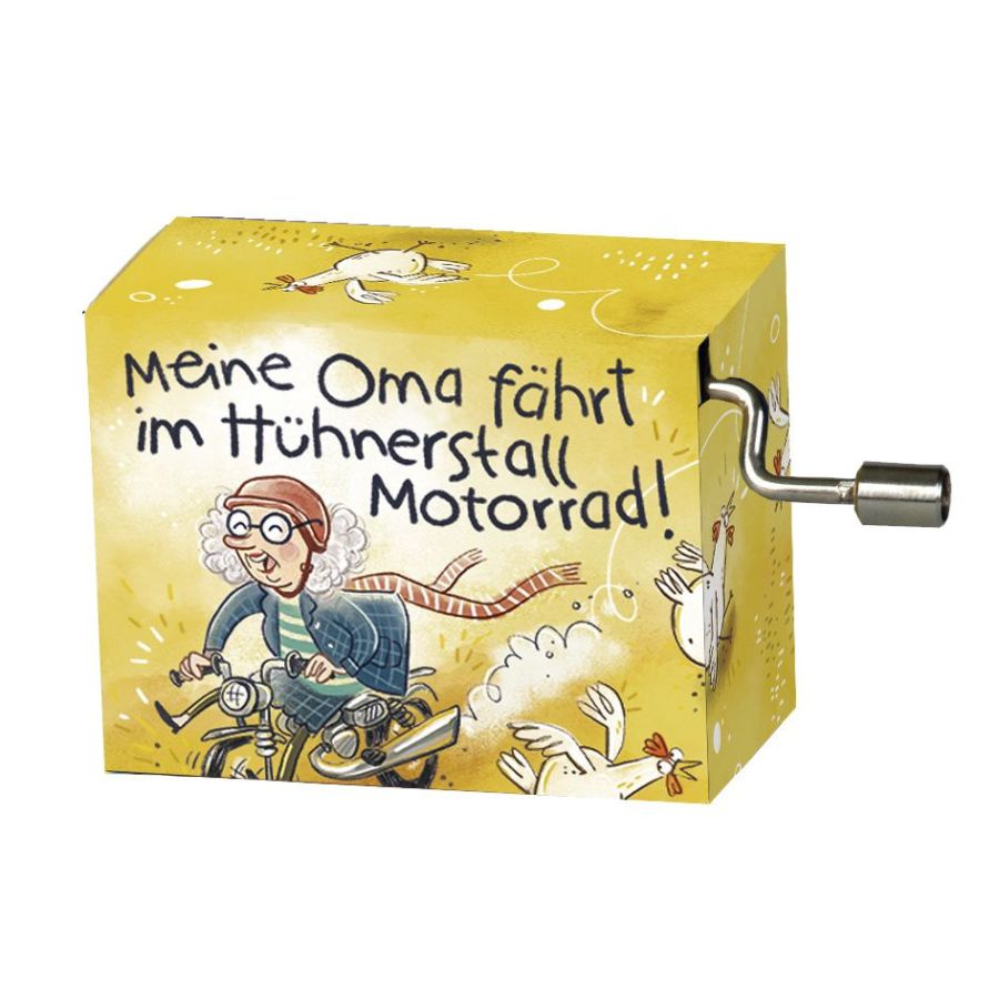 Kurbelspieldose "Meine Oma fährt im Hühnerstall Motorrad", Spieluhr auf Resonanzholz