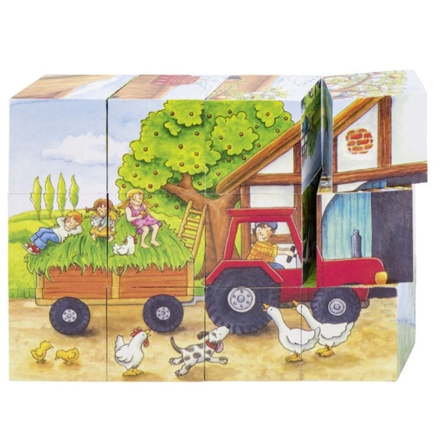 Goki Würfel-Puzzle Goki Würfelpuzzle Bauernhof – Jahreszeiten, 12 Holzwürfel, ab 3 Jahre