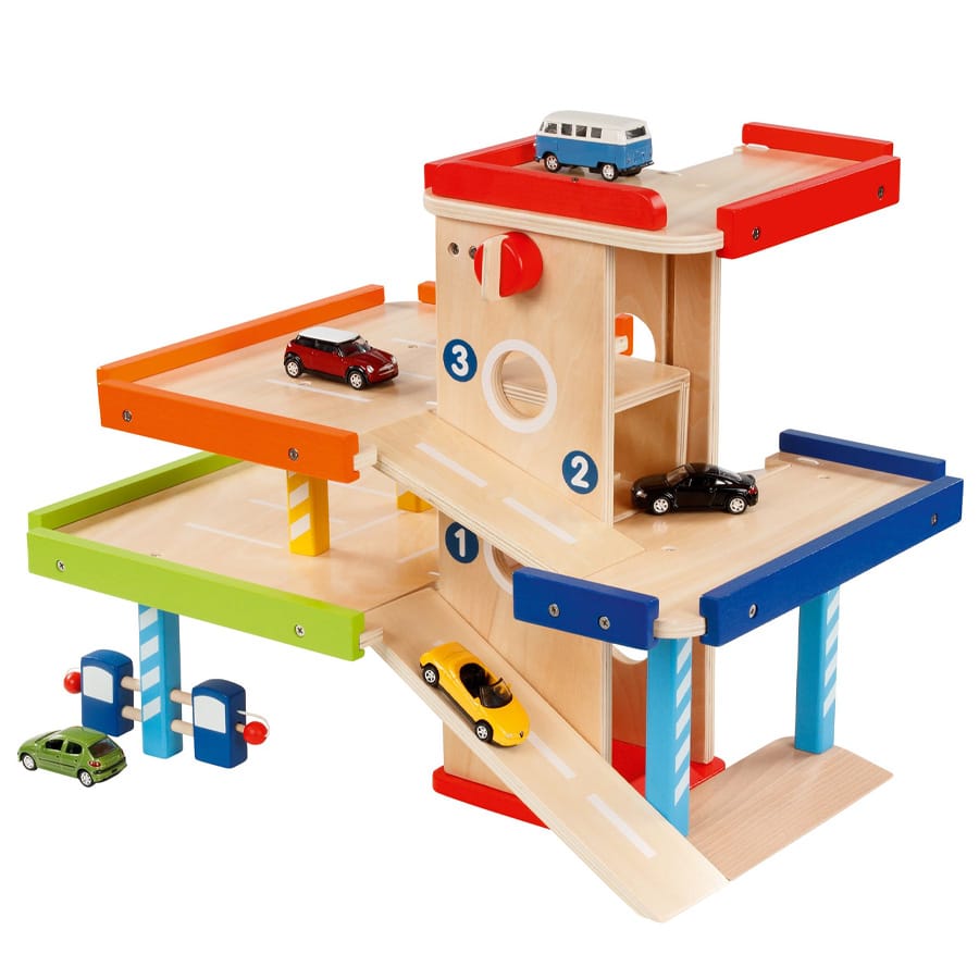 Goki Spielfahrzeug-Zubehör Goki Parkhaus aus Holz, 3 Ebenen, mit Aufzug, Tankstelle & Waschanlage