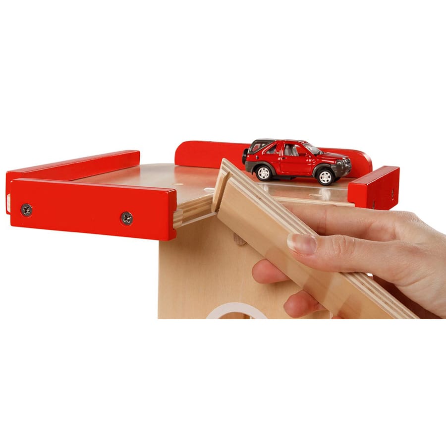 Goki Spielfahrzeug-Zubehör Goki Parkhaus aus Holz, 3 Ebenen, mit Aufzug, Tankstelle & Waschanlage