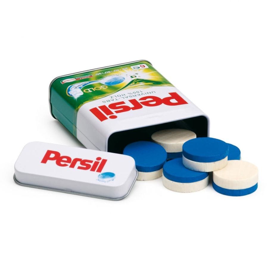 Erzi Spielzeuglebensmittel Erzi Persil Waschmitteltabs aus Holz in Metalldose – Für Puppenwäsche & Kaufladen, ab 3 Jahre