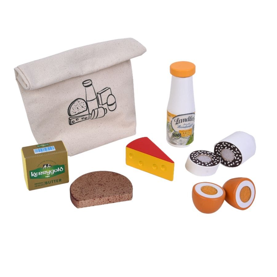 Tanner Spielzeuglebensmittel Tanner Picknick-Set aus Holz mit 6 Lebensmitteln & Baumwollsäckchen – Kaufladen & Rollenspiel, ab 18 Monaten
