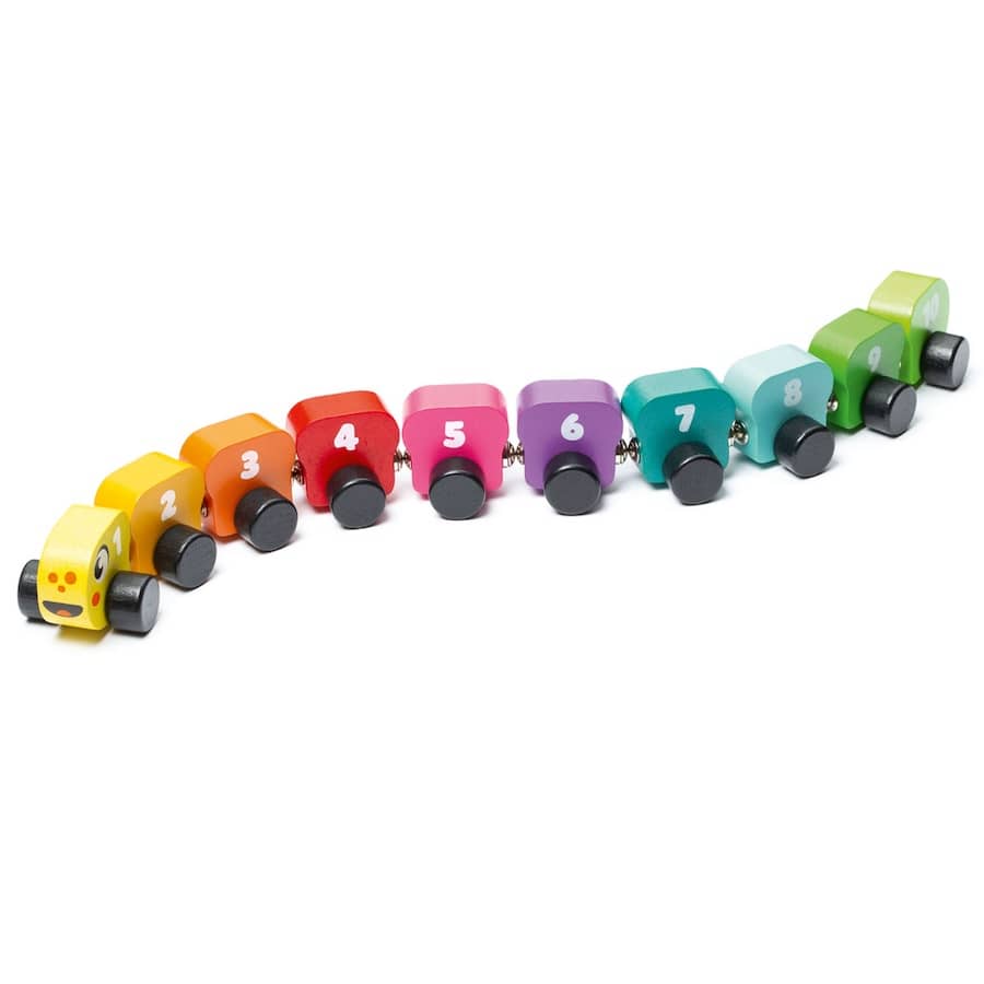 Cubika Holzfahrzeug Regenbogenraupe mit Zahlen-Hänger, Cubika