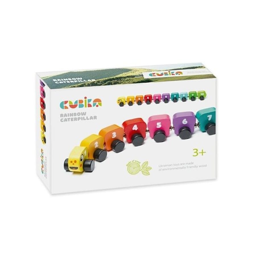 Cubika Holzfahrzeug Regenbogenraupe mit Zahlen-Hänger, Cubika