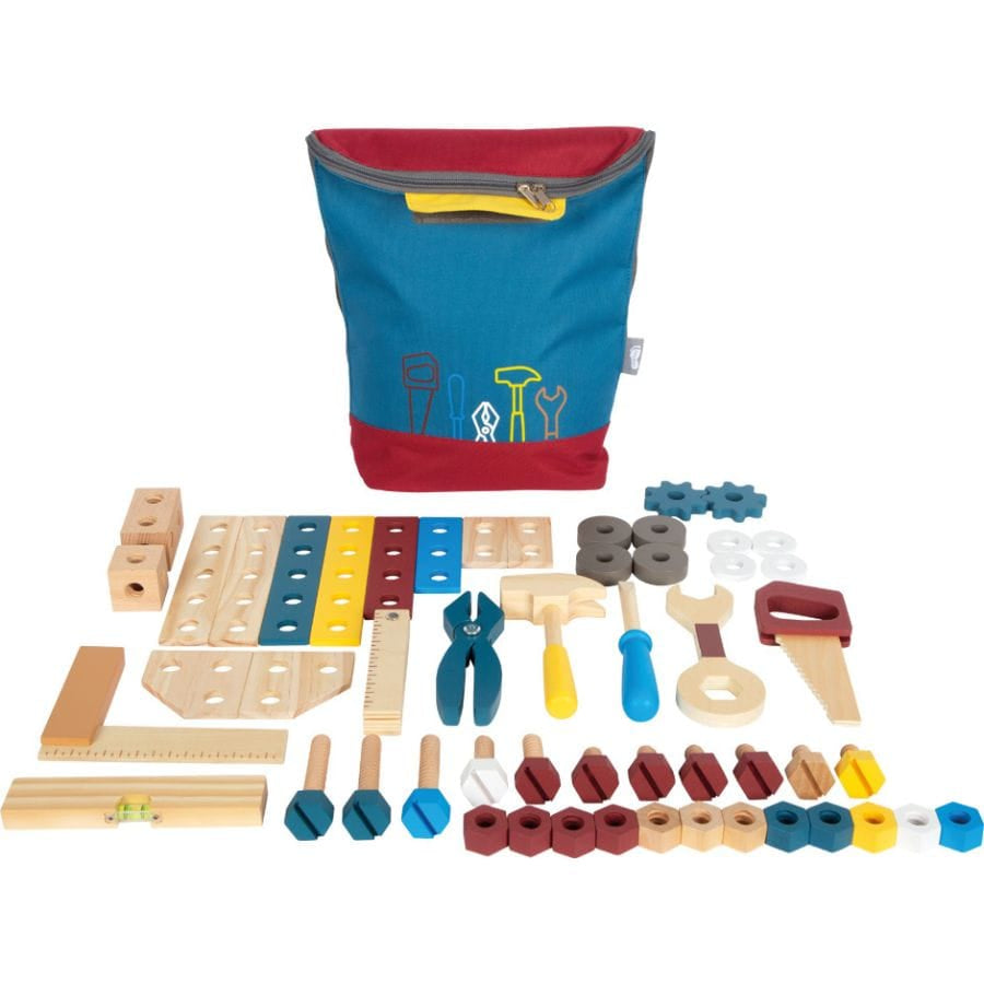 Legler Bausteine & Bauspielzeug small foot Werkzeugrucksack „Workshop“ – 67-teiliges Holz-Werkzeugset für Kinder