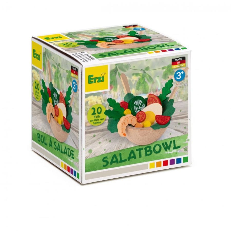 Erzi Kaufladenzubehör Erzi Sortier-Salat Bowl – 20-teiliges Holzspielzeug-Set, Salatschüssel mit Zutaten, ab 3 Jahren