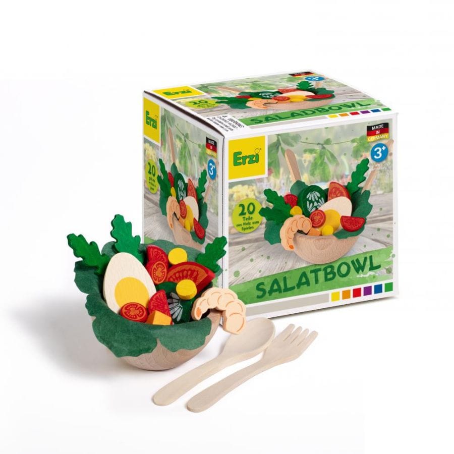 Erzi Kaufladenzubehör Erzi Sortier-Salat Bowl – 20-teiliges Holzspielzeug-Set, Salatschüssel mit Zutaten, ab 3 Jahren
