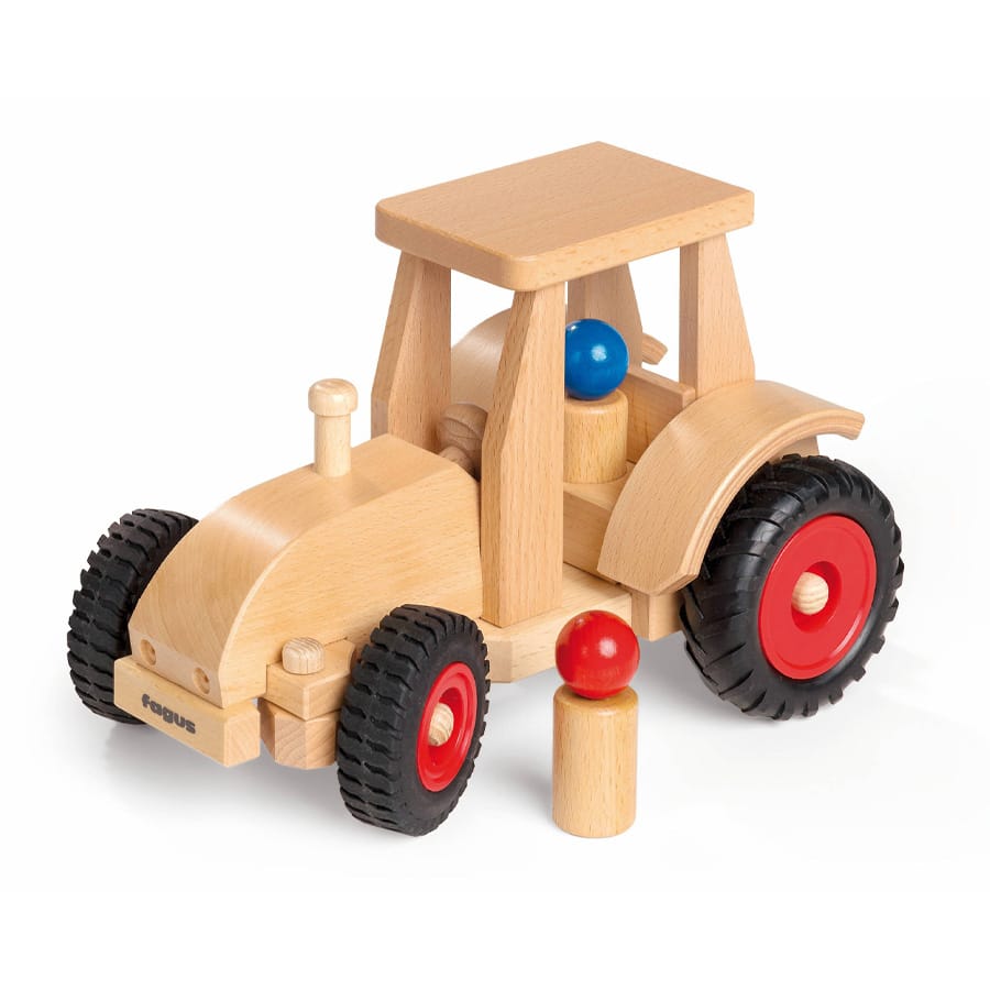 Fagus Holzfahrzeug Fagus Schlepper aus Holz – Ab 2 Jahren, mit 2 Holzfiguren & gummierten Rädern