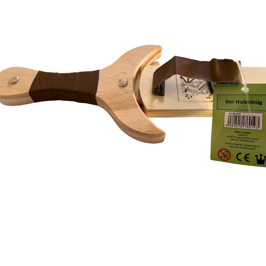 Holzkönig Holzschwert mit Hülle & Drachenmotiv – Natur mit braunem Griff