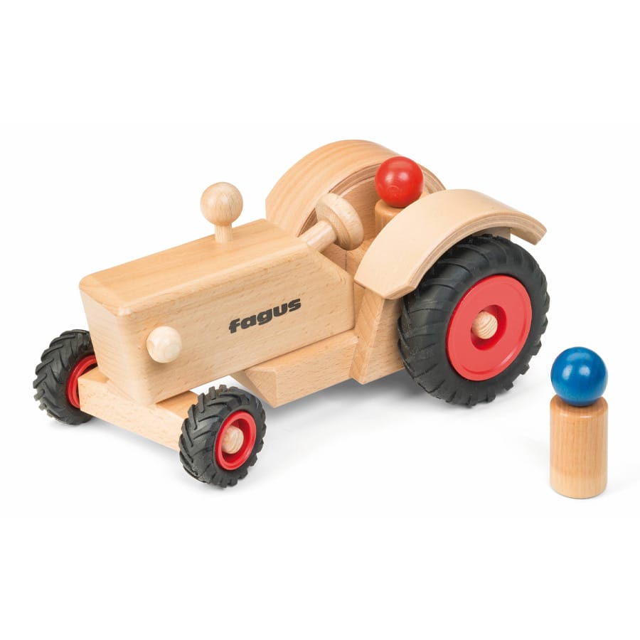 Fagus Holzfahrzeug Fagus Traktor aus Holz – Ab 2 Jahren, mit 2 Püppchen & gummierten Rädern
