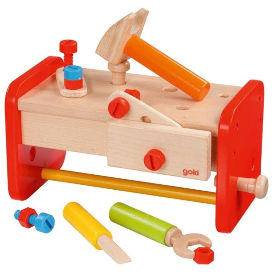 Goki Bausteine & Bauspielzeug Goki Kinder-Werkbank aus Holz – 2-in-1 Werkbank & Werkzeugkiste mit 16 Teilen, ab 3 Jahre