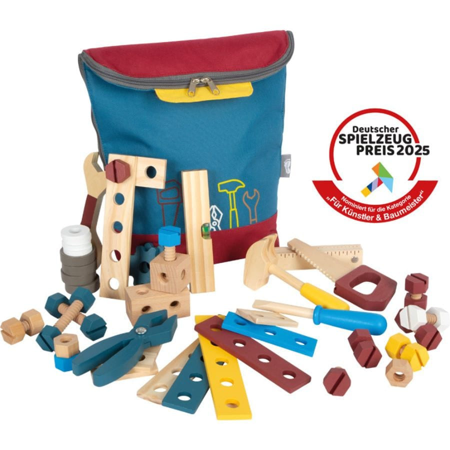 Legler Bausteine & Bauspielzeug small foot Werkzeugrucksack „Workshop“ – 67-teiliges Holz-Werkzeugset für Kinder