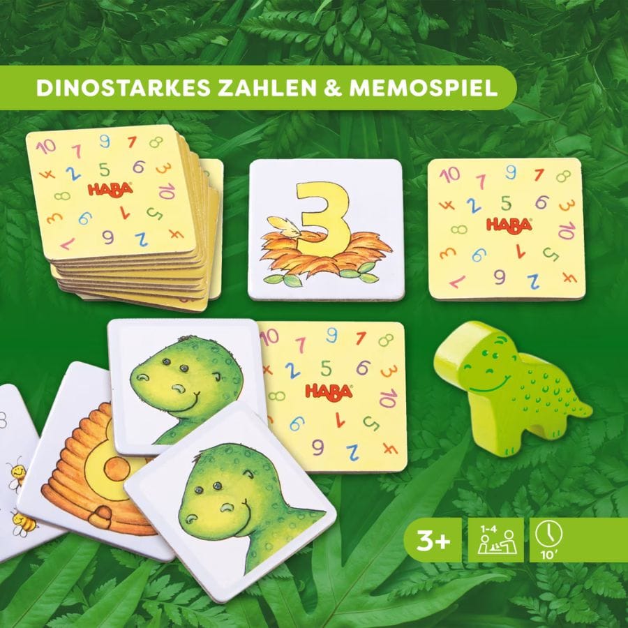 HABA Lernspielzeug Haba Zahlendino – Zahlen- und Memospiel aus Holz ab 3 Jahren, Lernspiel für 1–4 Spieler