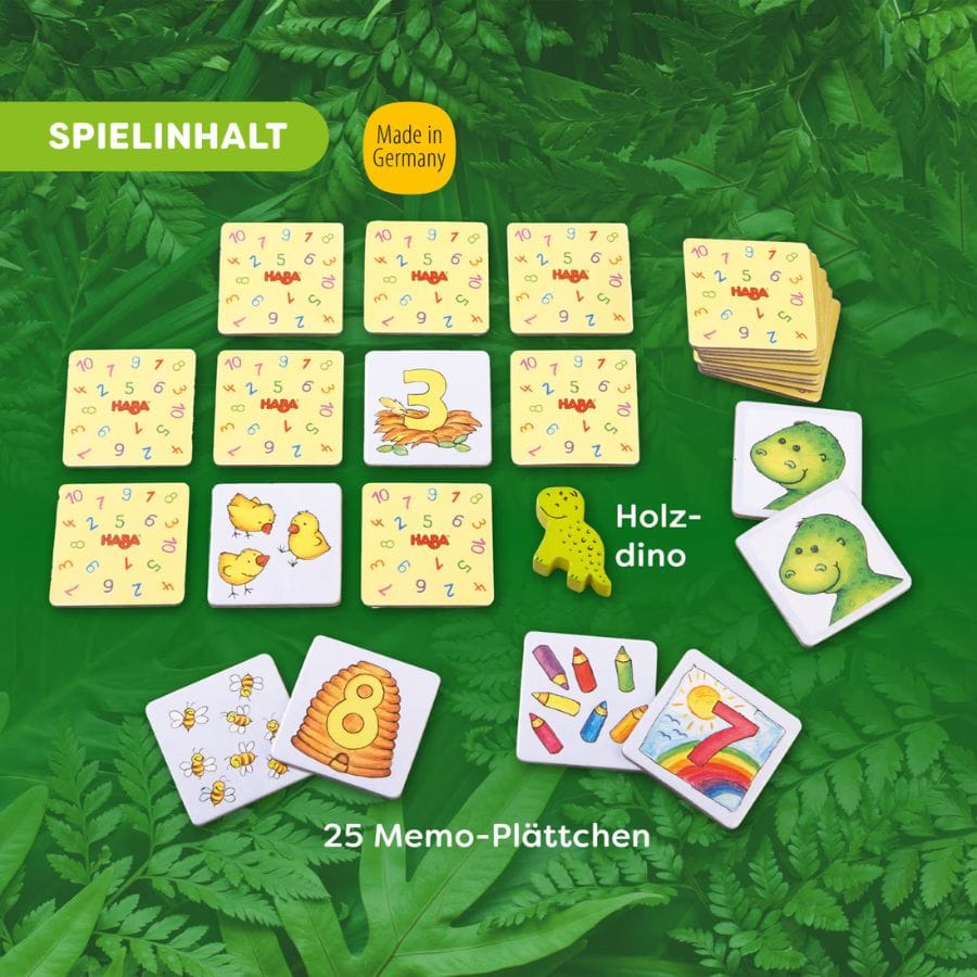 HABA Lernspielzeug Haba Zahlendino – Zahlen- und Memospiel aus Holz ab 3 Jahren, Lernspiel für 1–4 Spieler