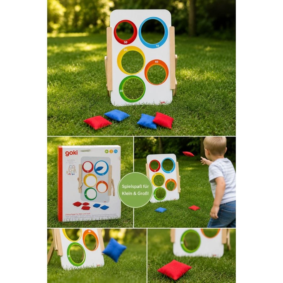 Goki Geschicklichkeitsspiele Goki Zielwurfspiel für Klein und Groß aus Holz, mit 6 Wurfsäckchen, ab 4 Jahre